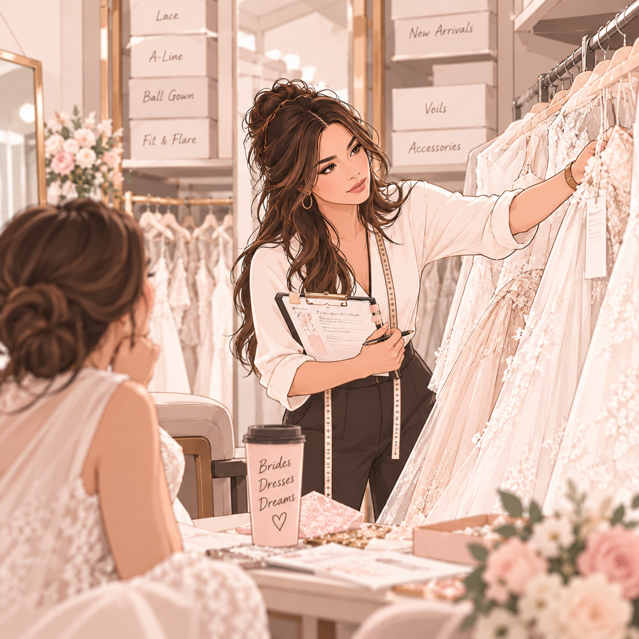 Illustration of Margarita thoughtfully selecting a wedding dress while a bride waits nearby